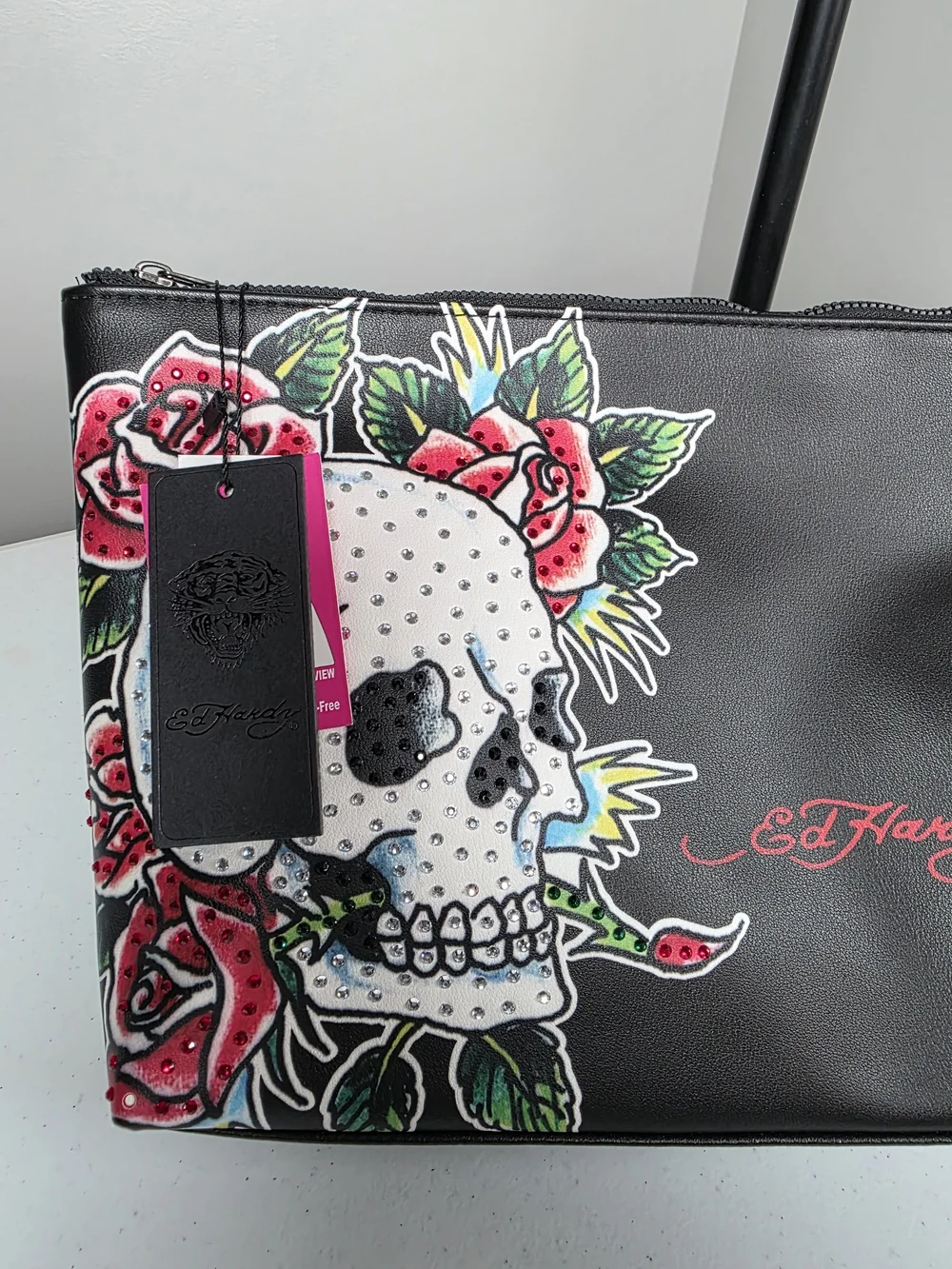Ed Hardy Black Cosmetic Pouch with Skull & Red Rose Graphic